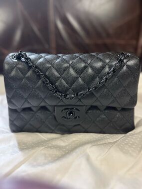 ChaneI Black On Black Classic Signature Logo Flap Bag